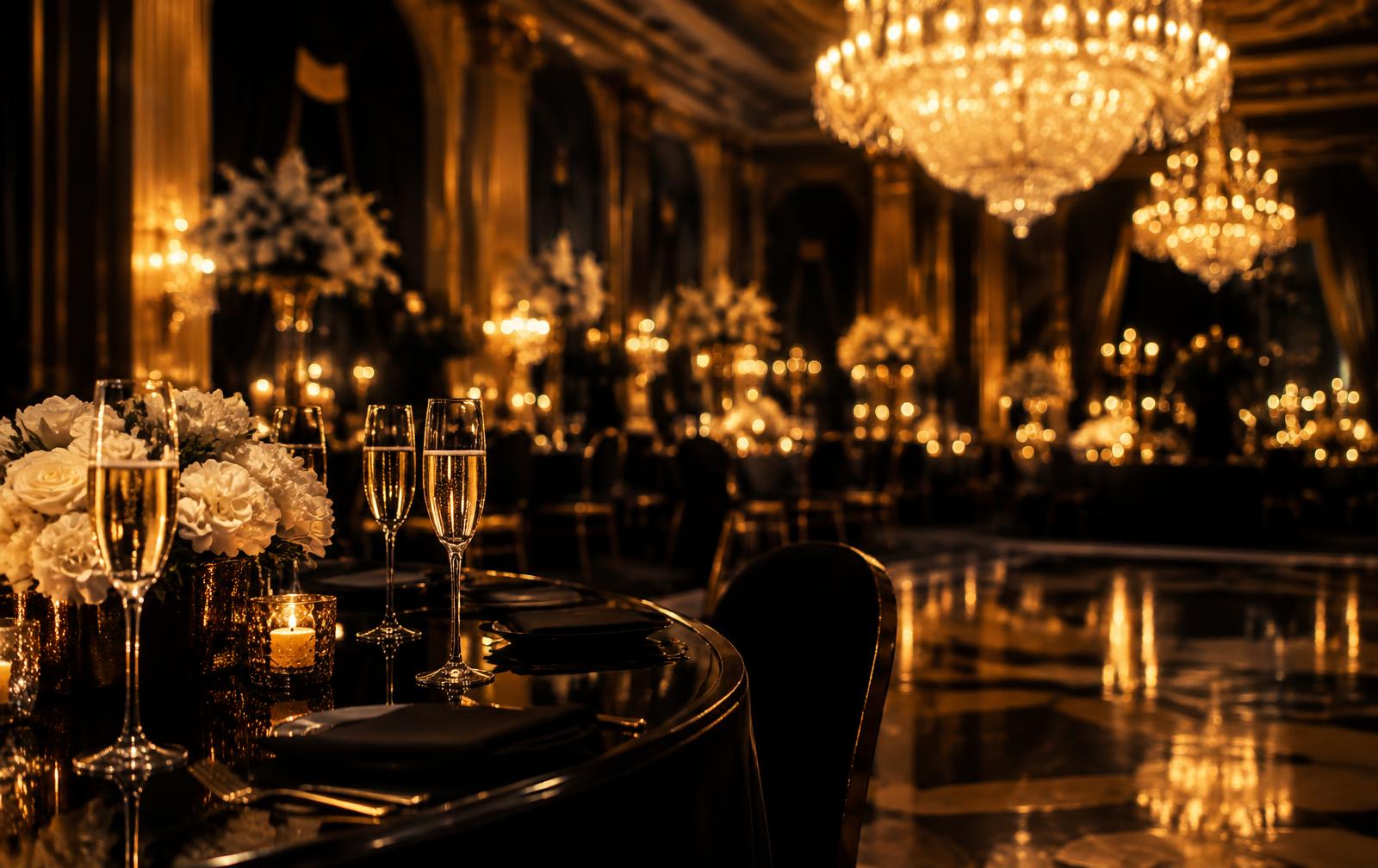 Salão da gala iluminado a dourado